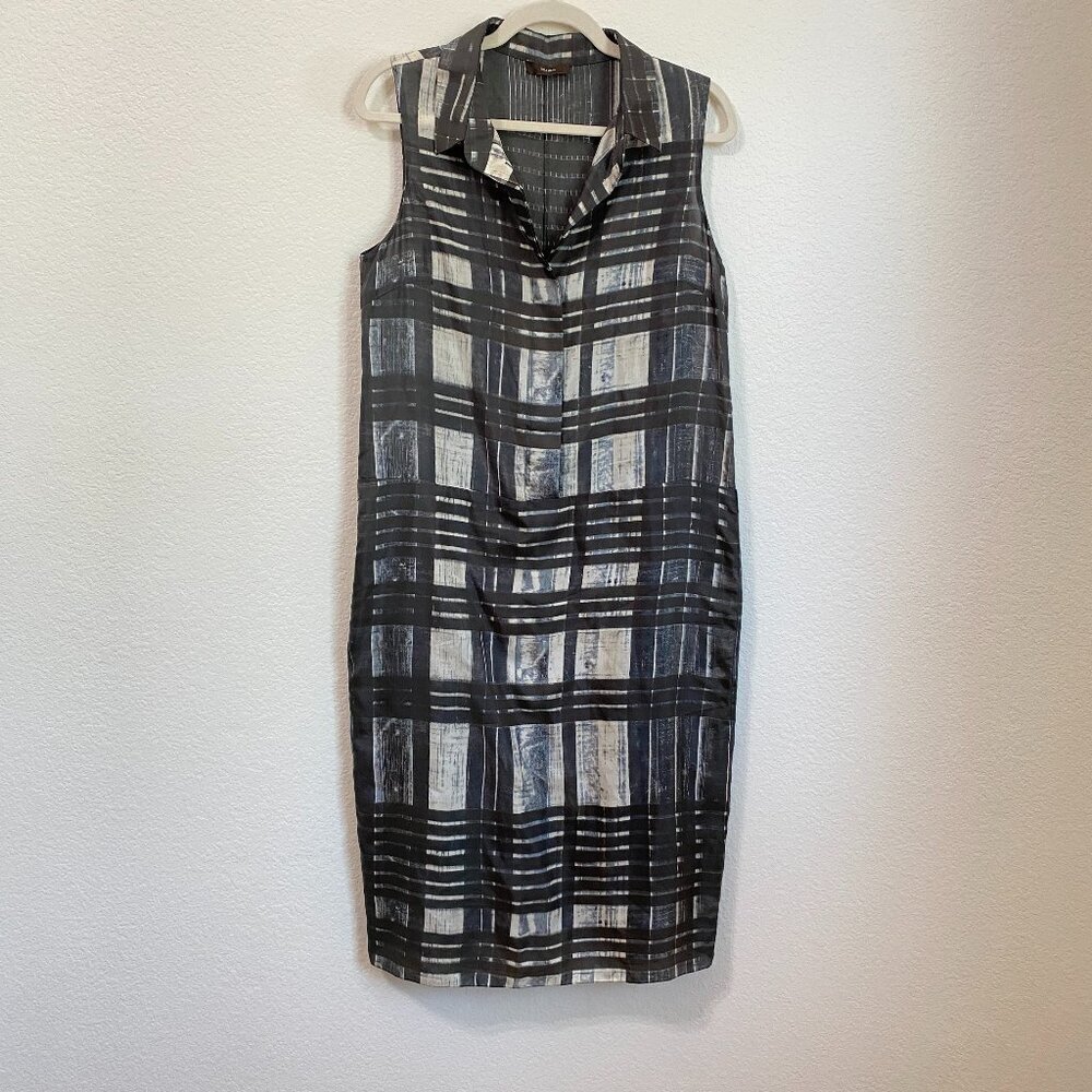 Vera Wang 100% Silk Gray Plaid Midi Dress